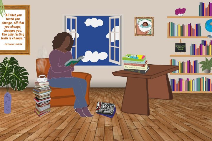 Illustration of a person sitting by a window in a room of books, reading.