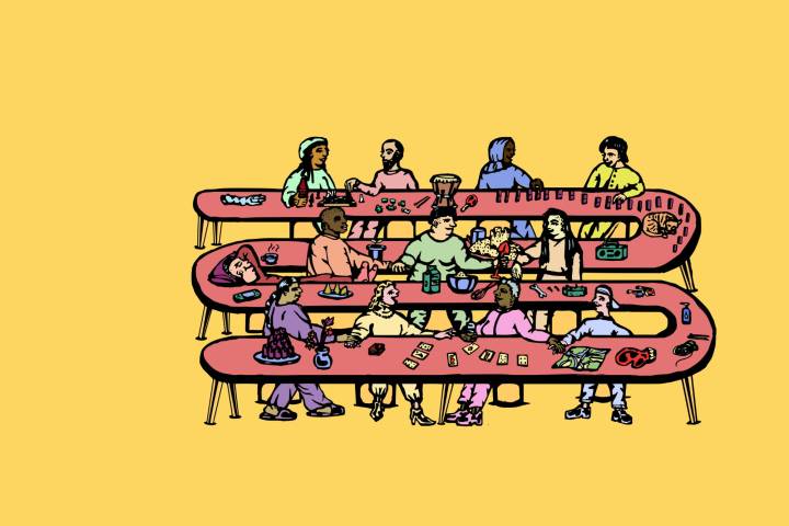A yellow image, with an illustration of a long, winding pink table - where many people of different ages, genders and ethnicities are talking, eating, playing cards and chess, holding hands, snoozing etc.