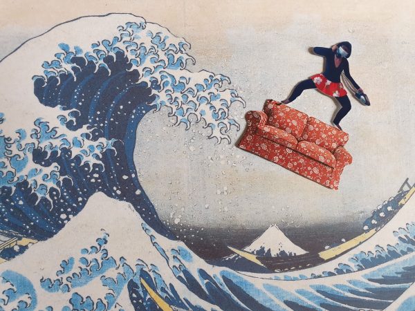 a collage of artist Stacy Makishi standing on a couch and surfing on Hokusai's 'The Great Wave'