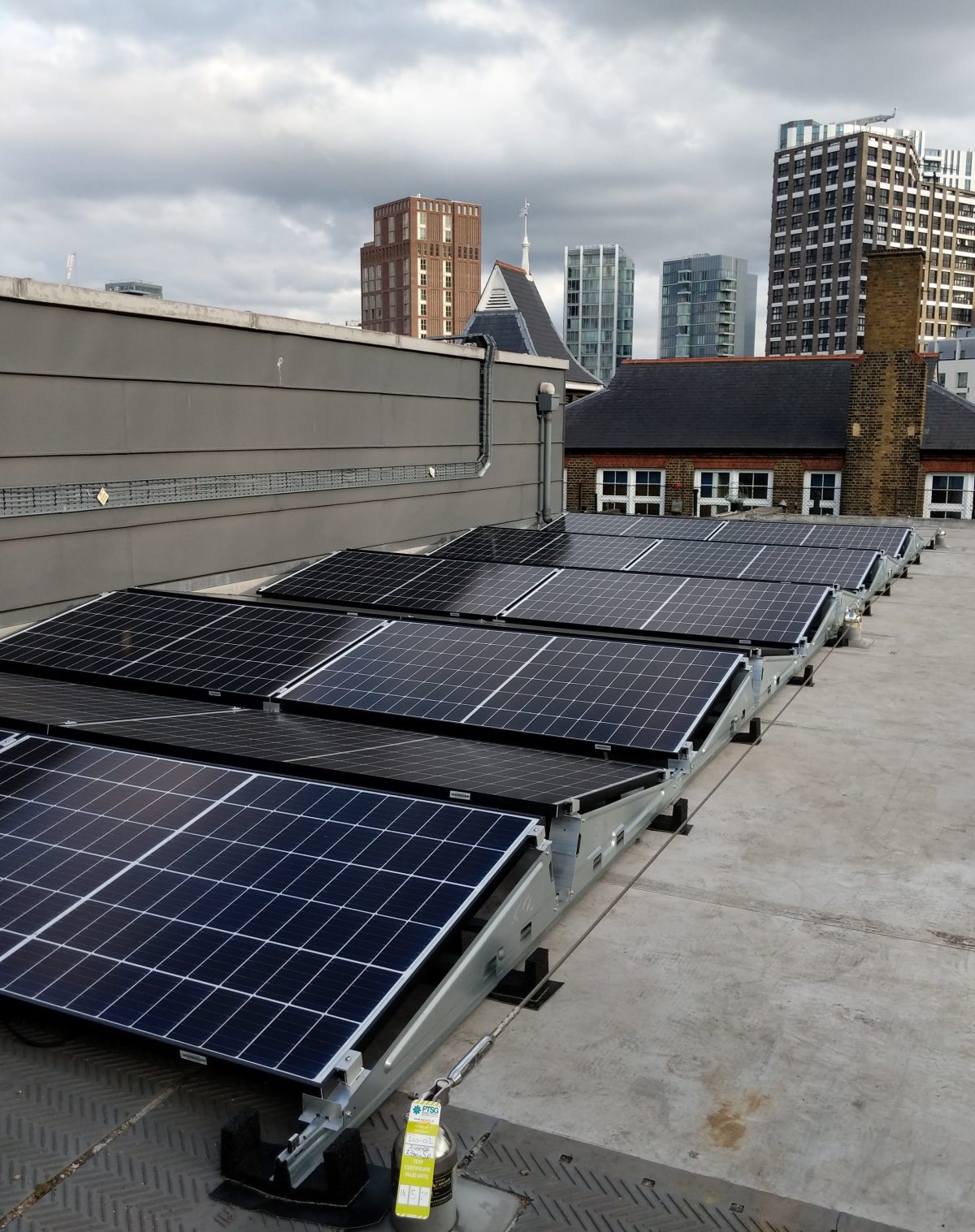 Roof of Toynbee Studios with solar panels on it