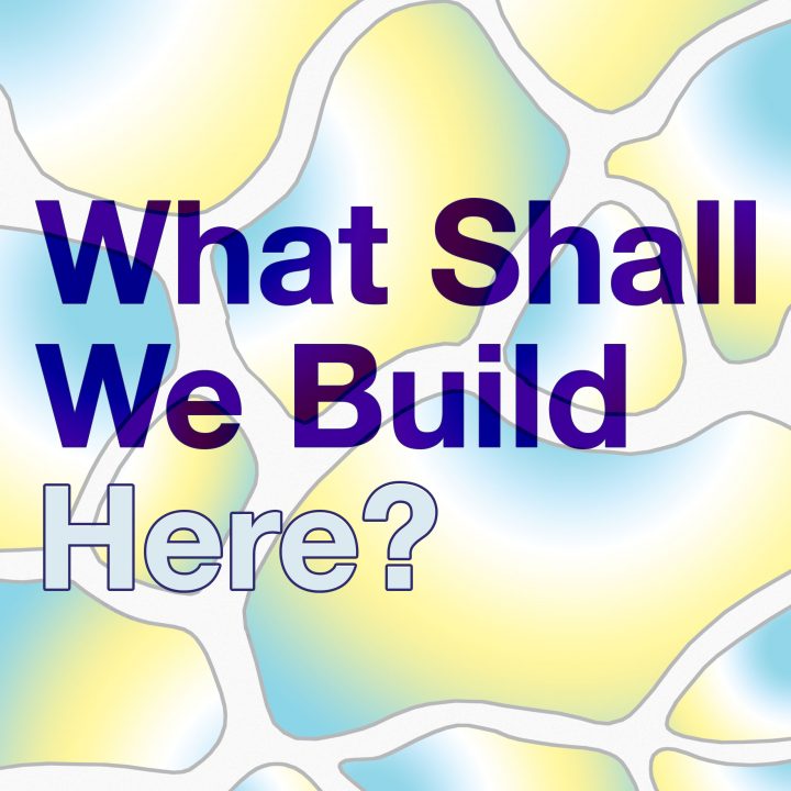 cellular graphic with blue and yellow colouring, with the text "What Shall We build here"