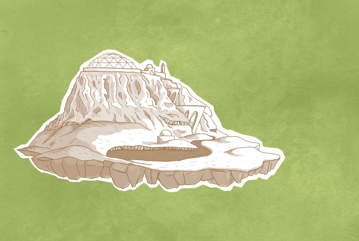 Illustration of a mountain with buildings at the top