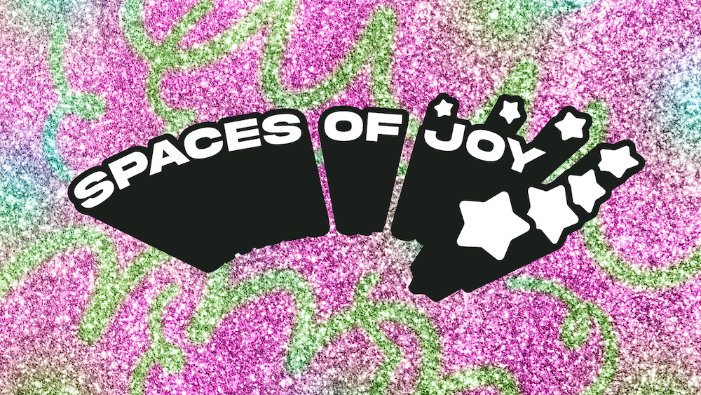 spaces of joy logo, a pink and green glittery background with