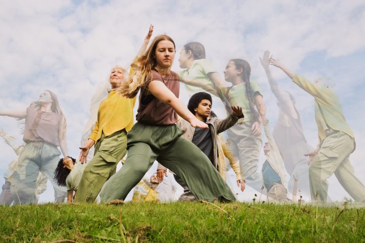 a collage of different people dancing on a field of grass