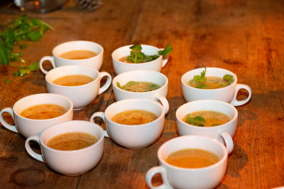 Cups of miso sourdough soup with watercress