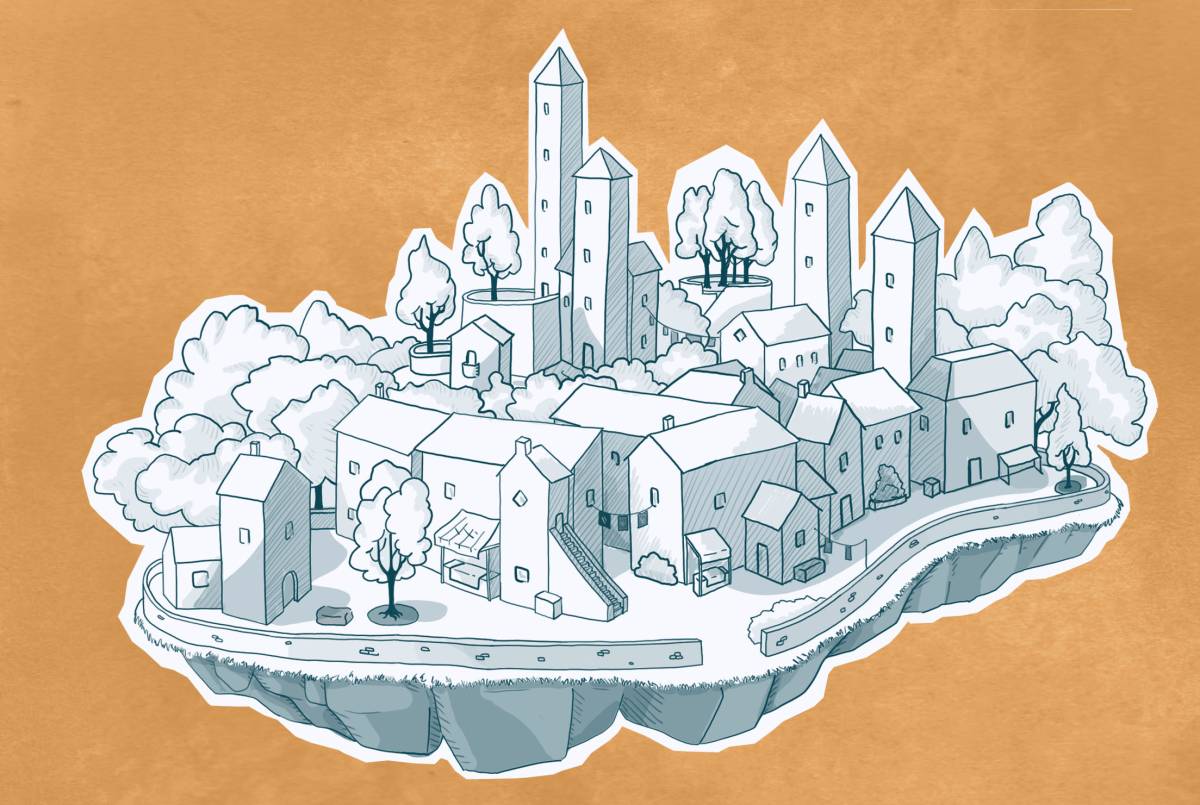 An illustration of a town, in blue and white, against a burnt orange background.