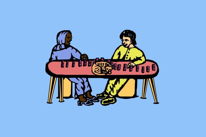 An illustration of two people sitting at a table, playing dominoes, against a blue background