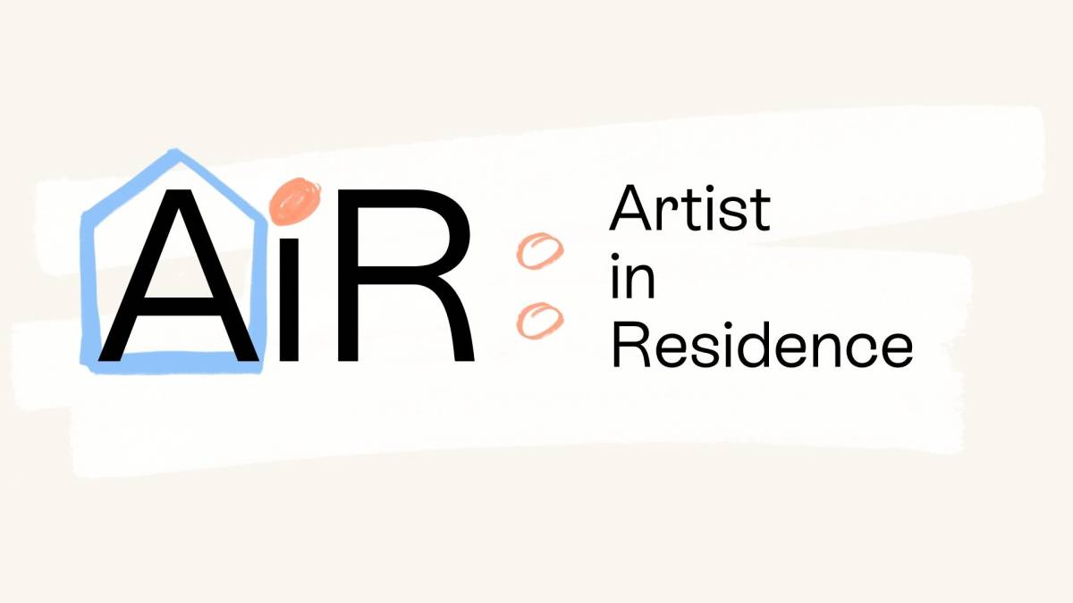 A design with an oat-coloured background with a white scribble over the top. Black text over the top says 'AiR: Artist in Residence'. There is a blue scribbled house around the A and orange scribbled dots on the 'i' and semicolon