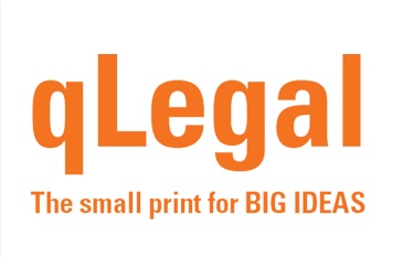 On a white background the orange text reads 'qLegal. The small print for big ideas'. 