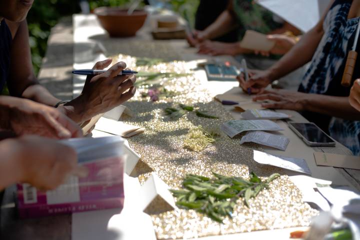 An image of hands gently doing crafts on a shady table, dappled with sunlight, surrounded by plants and greenery