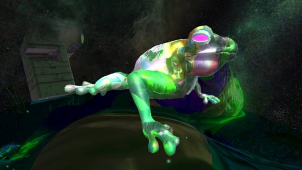 A neon green frog wrapped in faint swirly images of Oozing Gloop. The frog is floating in a virtual universe with a photocopier in the distance