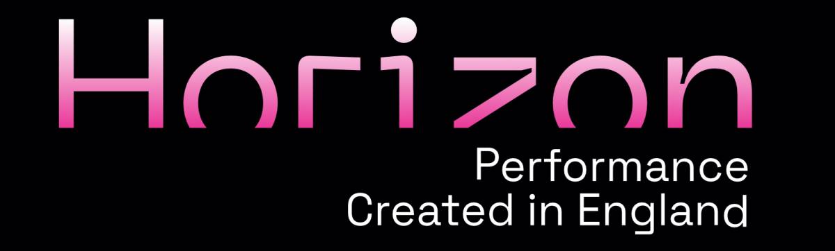 A black logo which says 'Horizon' in wide, pink letters, and beneath it in white letters 'Performance in England'