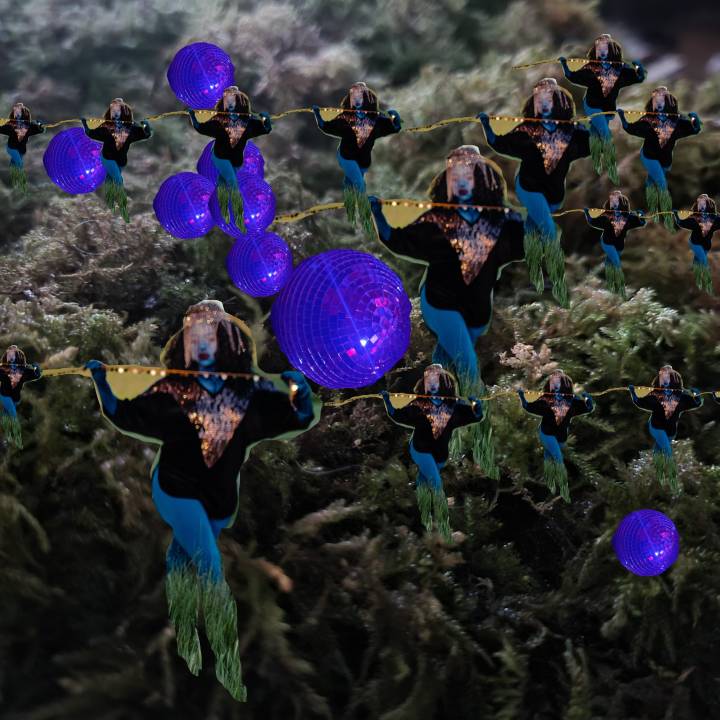 An artistic collage combining plants, dancers and blue disco balls
