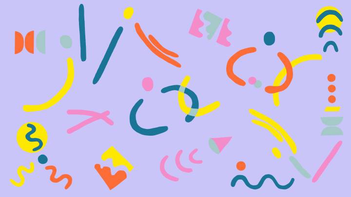 An abstract illustration with lots of orange, yellow, teal, pink and green wiggly shapes dancing around on a lilac background
