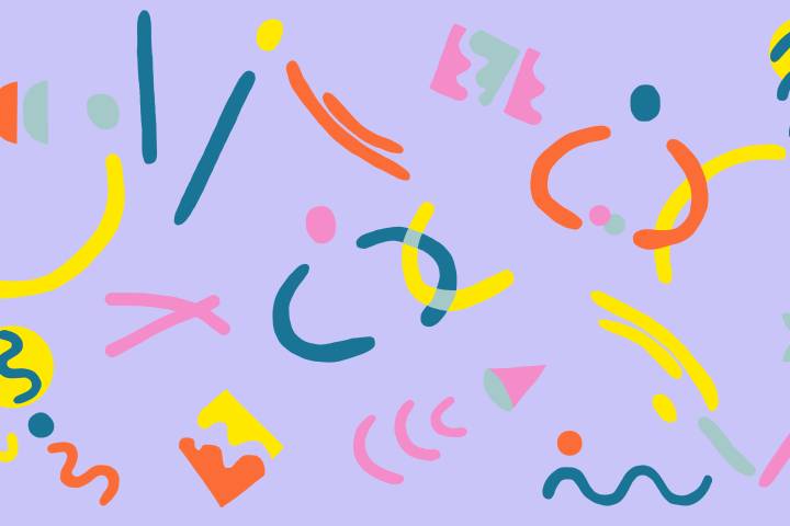 An abstract illustration with lots of orange, yellow, teal, pink and green wiggly shapes dancing around on a lilac background