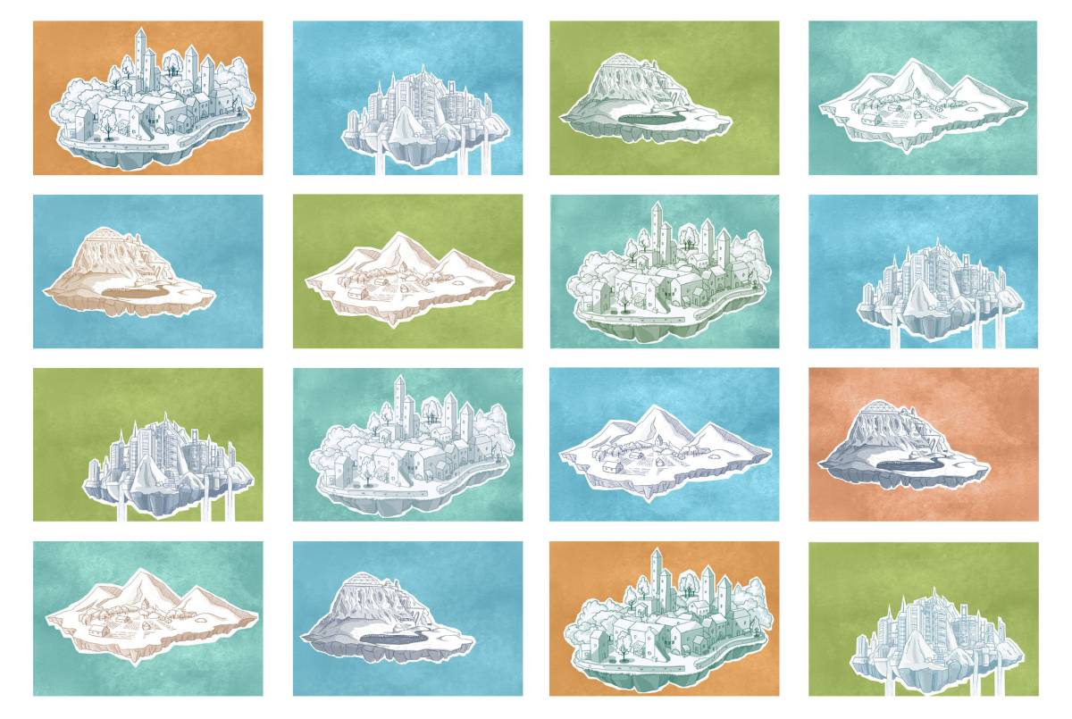 Twelve different black and white illustrations of various towns and landscapes, set as a grid against tiles of blue, green and orange