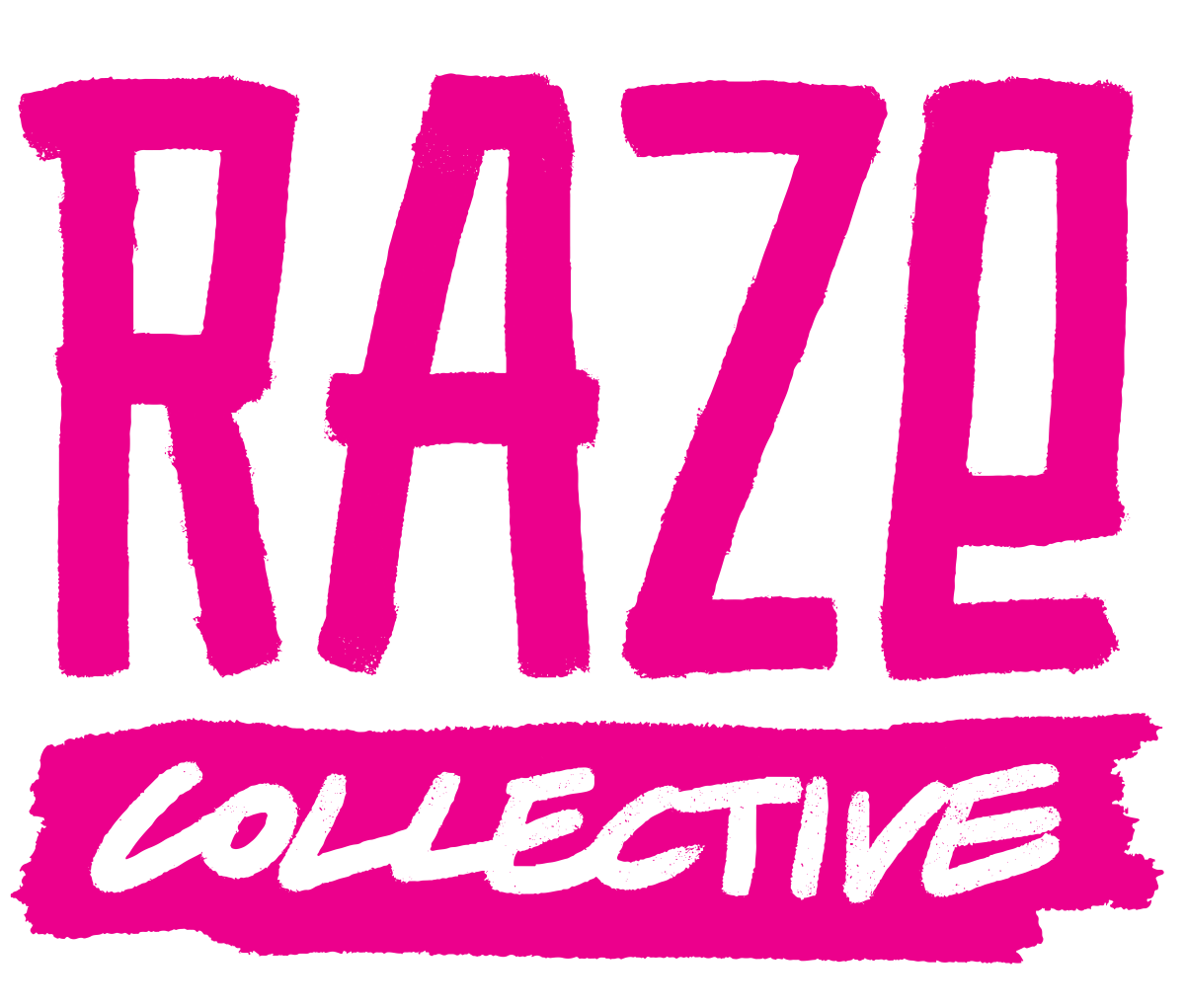 A pink logo in a hand drawn style reading "Raze Collective"