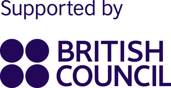 British council logo reads 'Supported by British Council' in Indigo text, besides the logo are four indigo circles