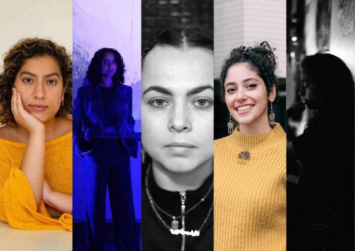 A composite image of five Arab women artists: Tasneim Zyada, Jessica El Mal, Alia Hamaoui, Riwa Saab & Bint Mbareh