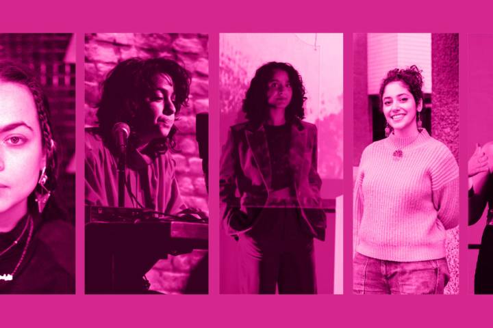 An image of five Arab woman artists: Alia Hamaoui, Bint Mbareh, Jessica El Mal, Riwa Saab and Tasneim Zyada