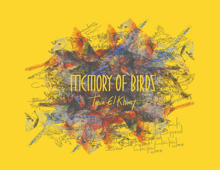 A yellow image with abstract illustration on, with 'Memory of Birds Tania El Khoury' written in the middle